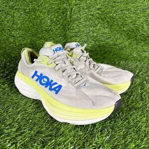Hoka One One Bondi 8 Men Running Shoes Light Gray Neon Yellow Wide Size 11.5 2E